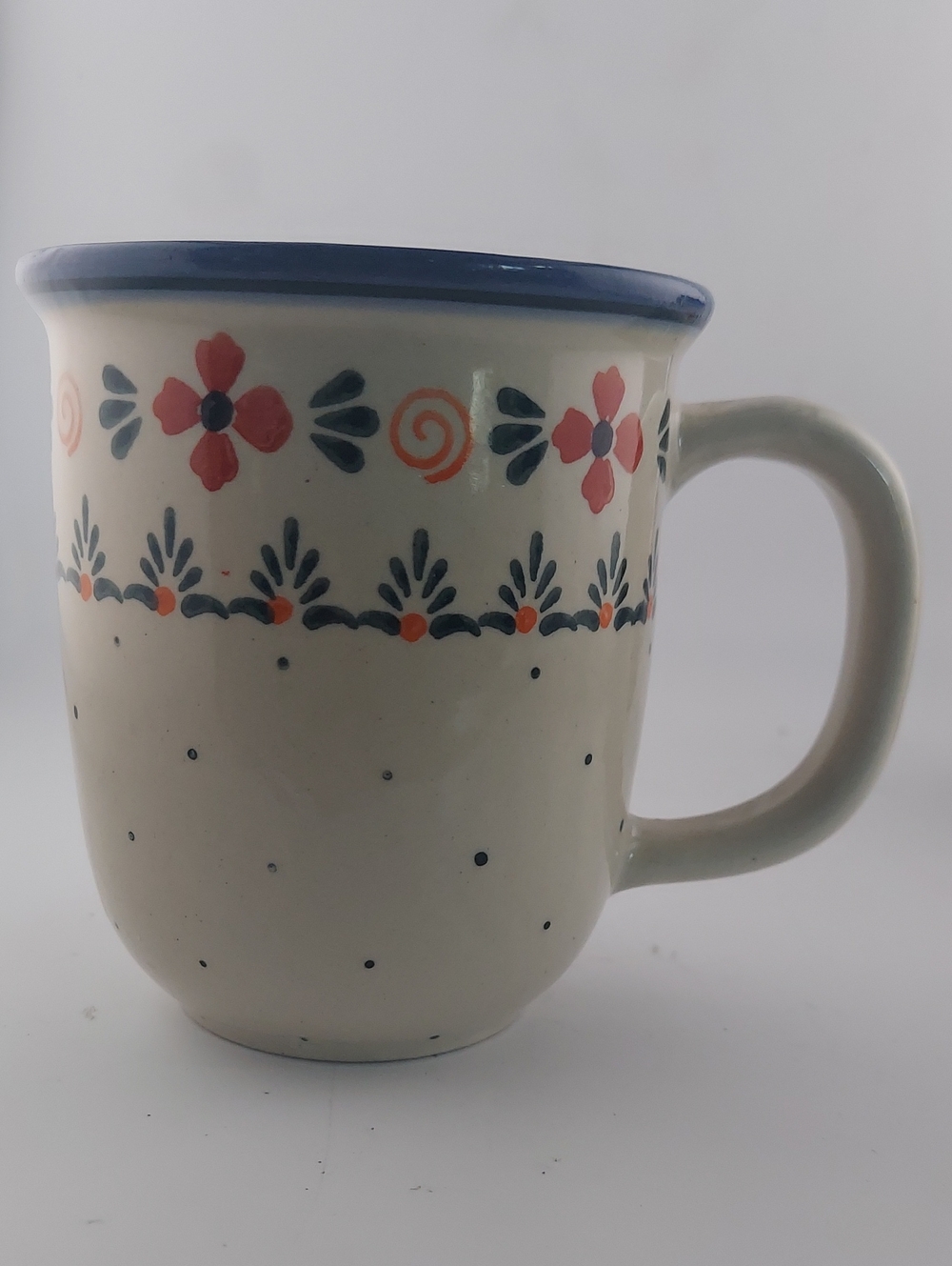Poland ,Hand-Painted Floral Ceramic Mug in Cream and Blue